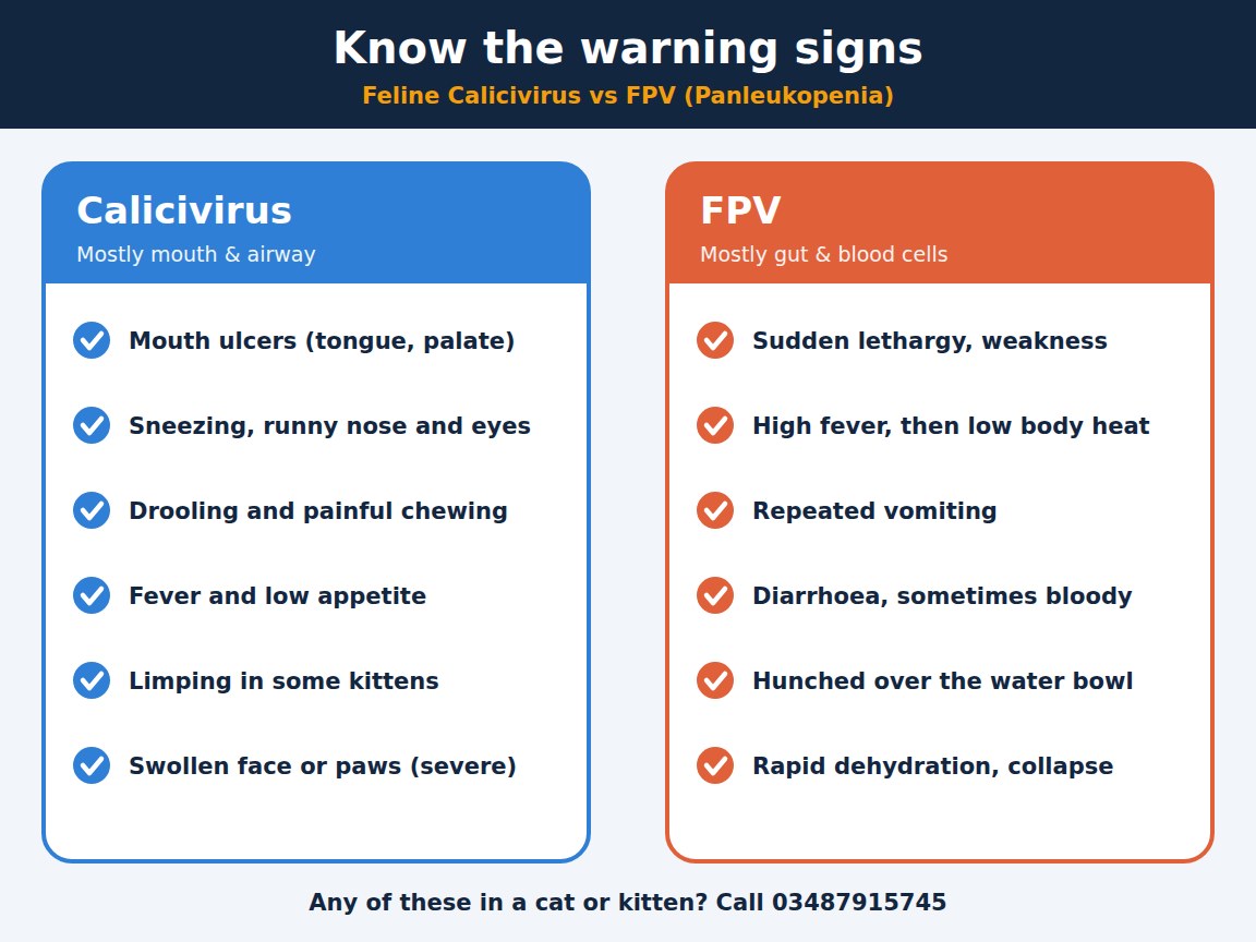 Chart comparing the warning signs of feline calicivirus and FPV in cats